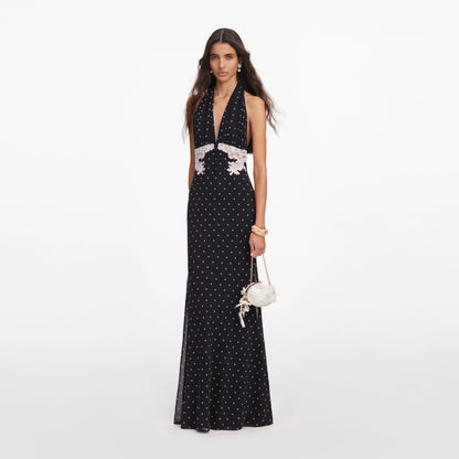 Black Polka Dot Halter Neck Maxi Dress