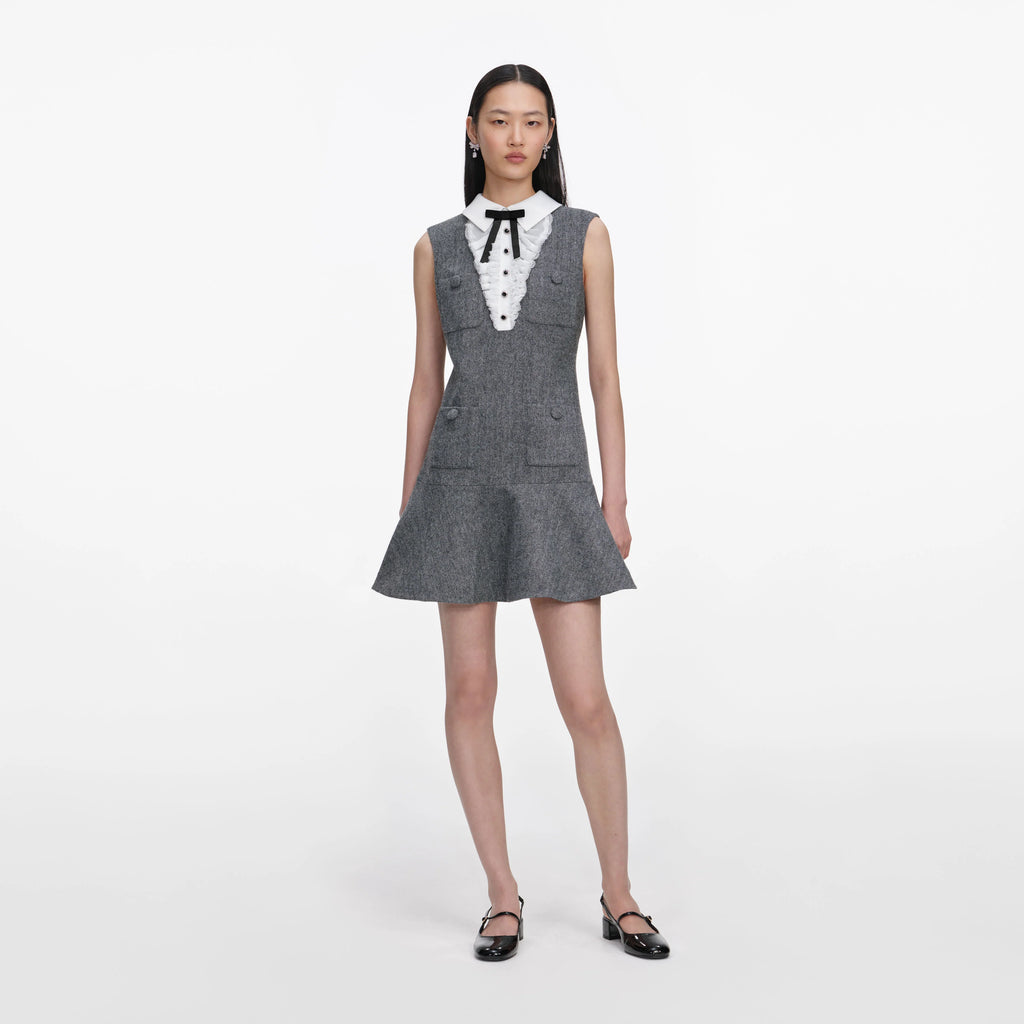 Grey Herringbone Lace Bib Mini Dress