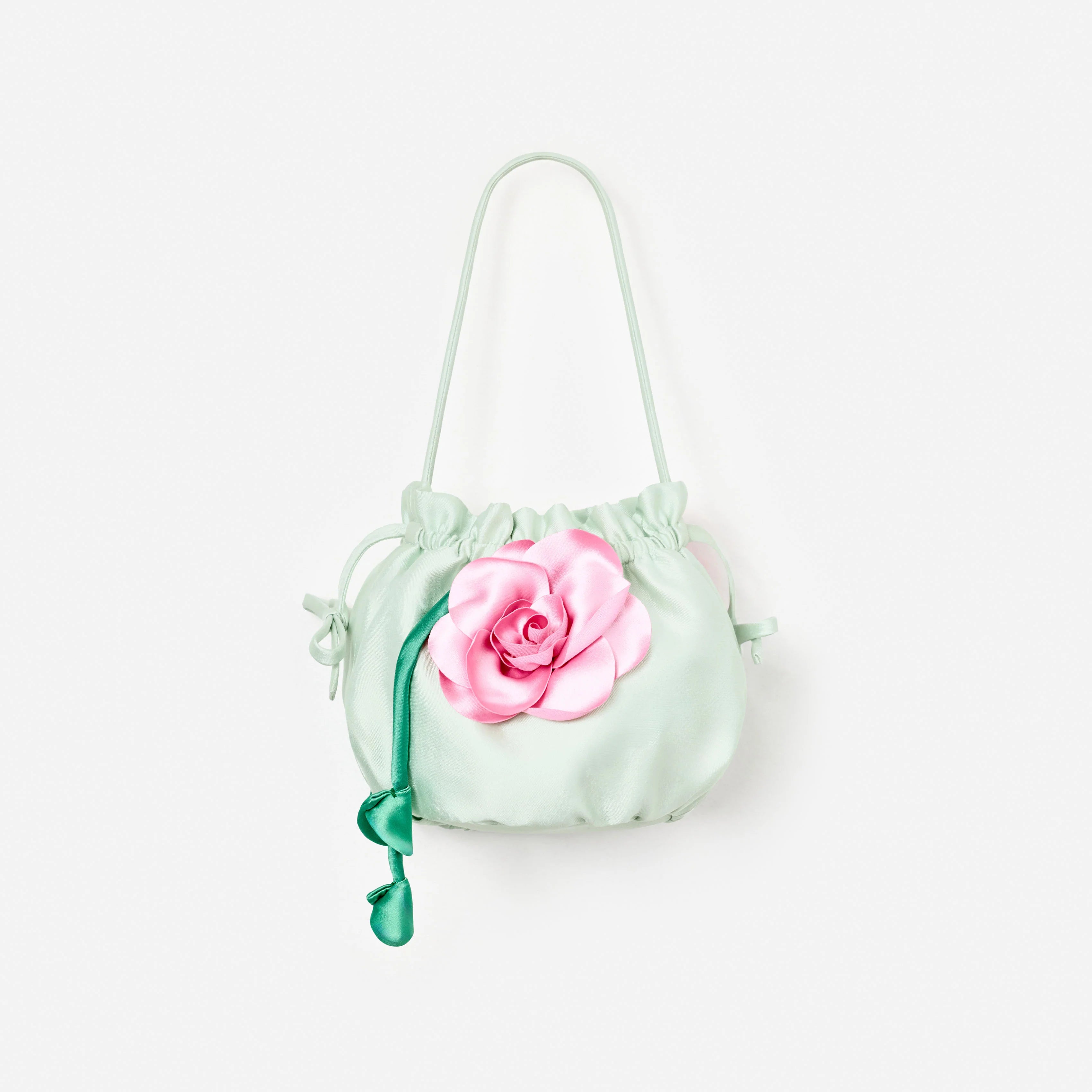 Mint Taffeta 3D Flower Pouch Bag