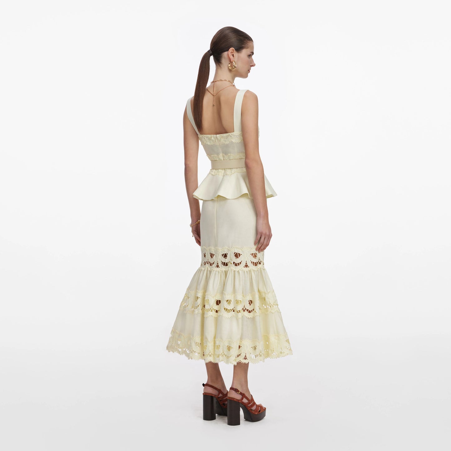 Yellow Linen Peplum Midi Dress