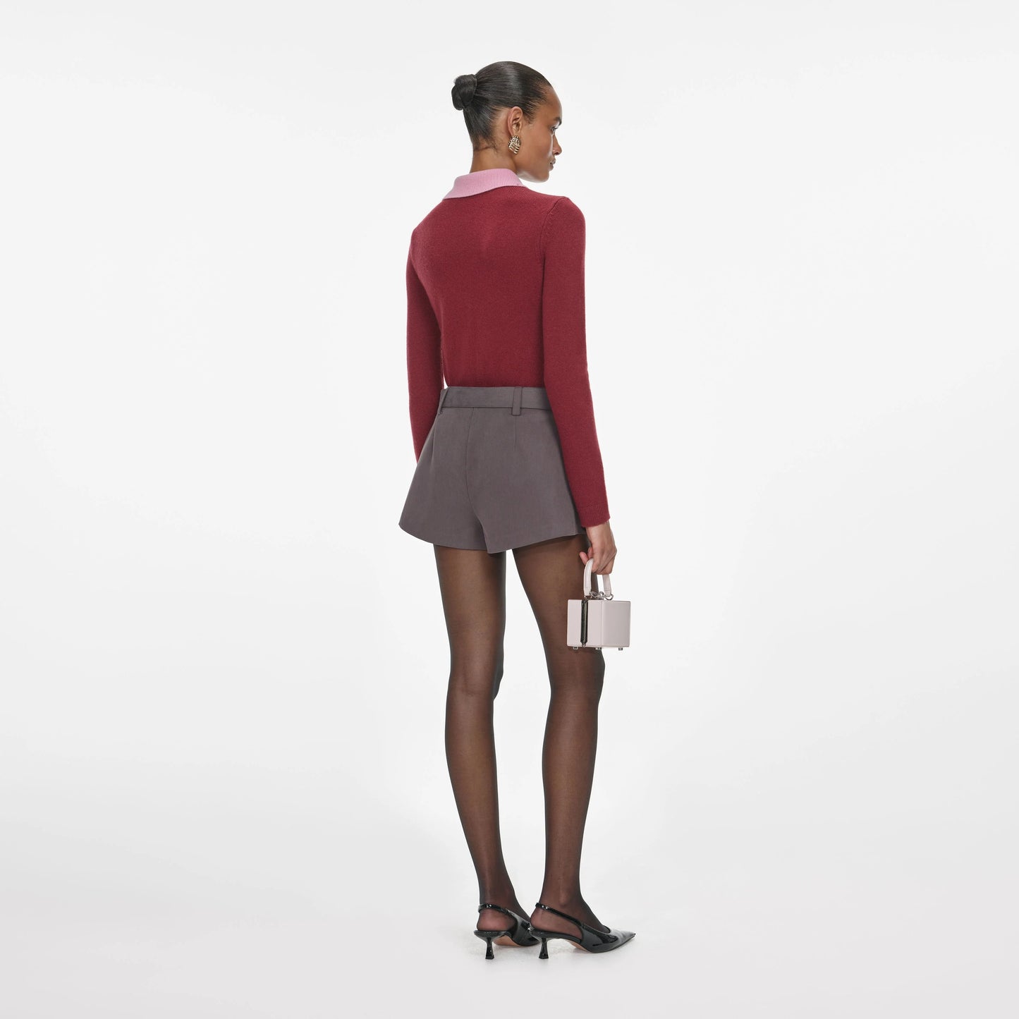 Burgundy Pink Contrast Collar Knit Top