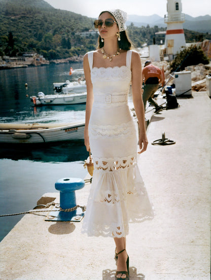 White Linen Lace Insert Midi Dress