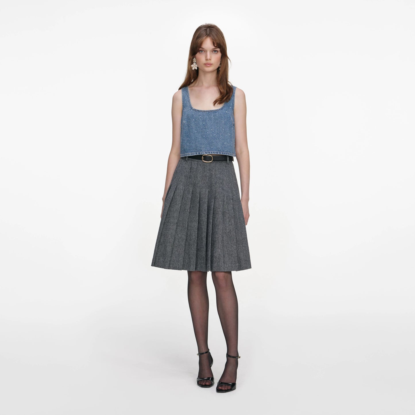 Grey Herringbone Pleated Midi Skirt