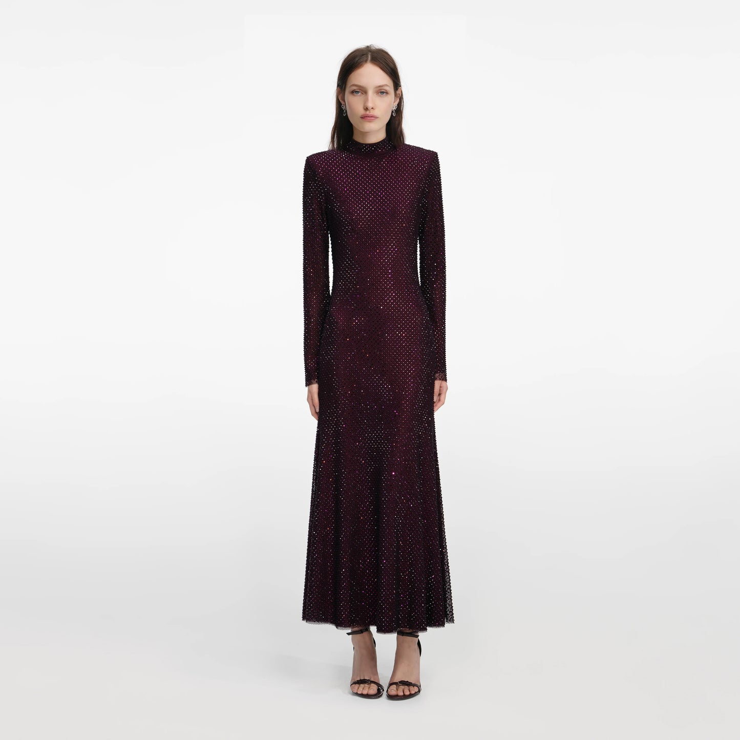 Burgundy Rhinestone Fishnet Midi Dress