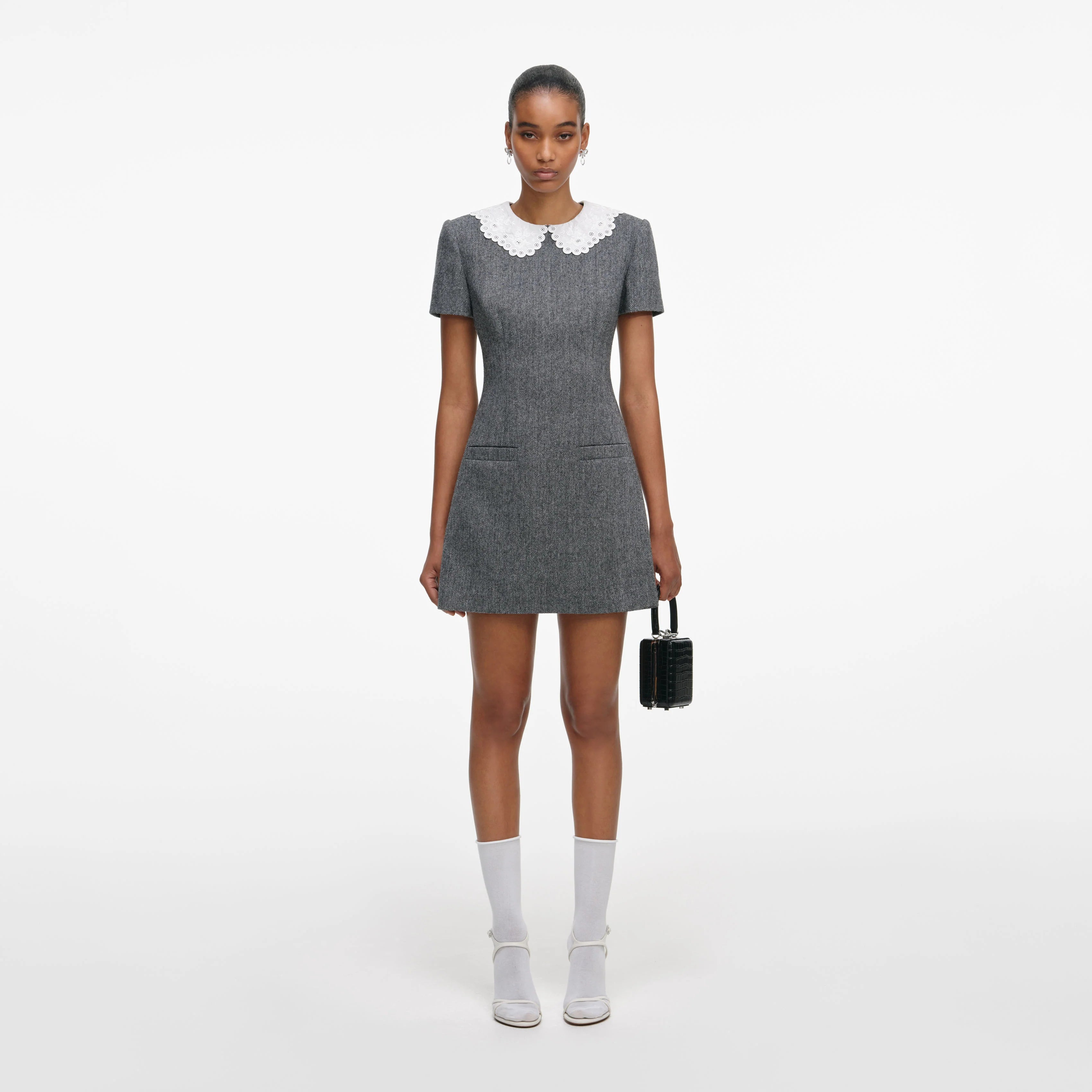Grey Herringbone Collared Mini Dress