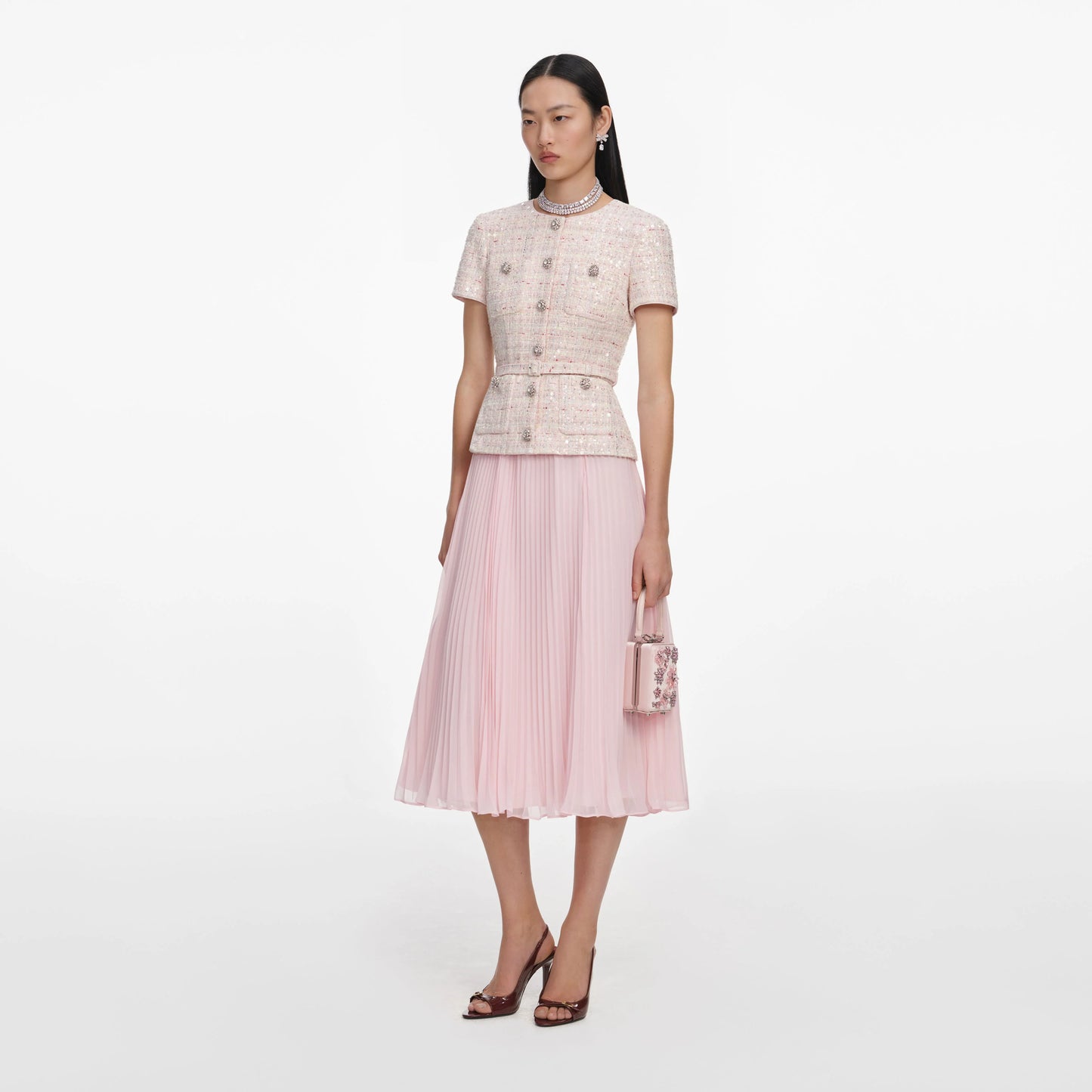 Pink Sequin Boucle Tailored Midi Dress