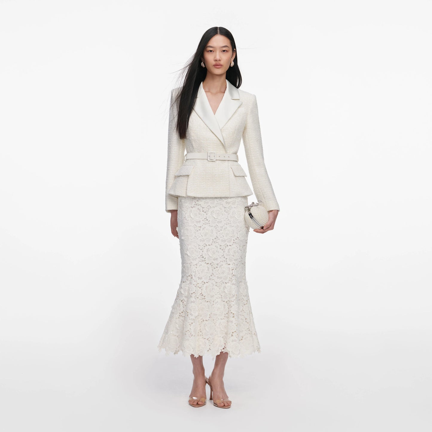 Cream Boucle Flower Lace Midi Dress