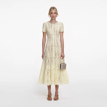 Yellow Lace Embellished Midi Dress