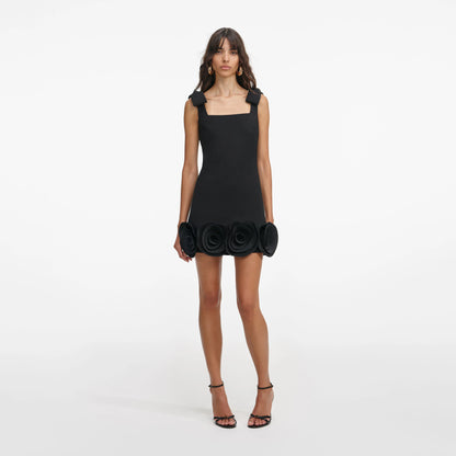 Black Crepe 3D Flower Mini Dress