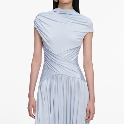 Blue Jersey Gathered Midi Dress