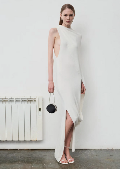 White Viscose Knit Drape Maxi Dress
