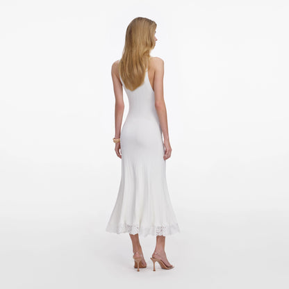 White Knit Lace Insert Midi Dress