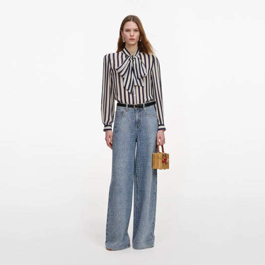 Navy Stripe Tie Neck Blouse