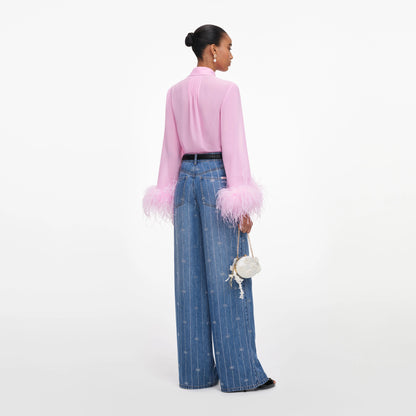 Pink Georgette Feather Cuff Blouse