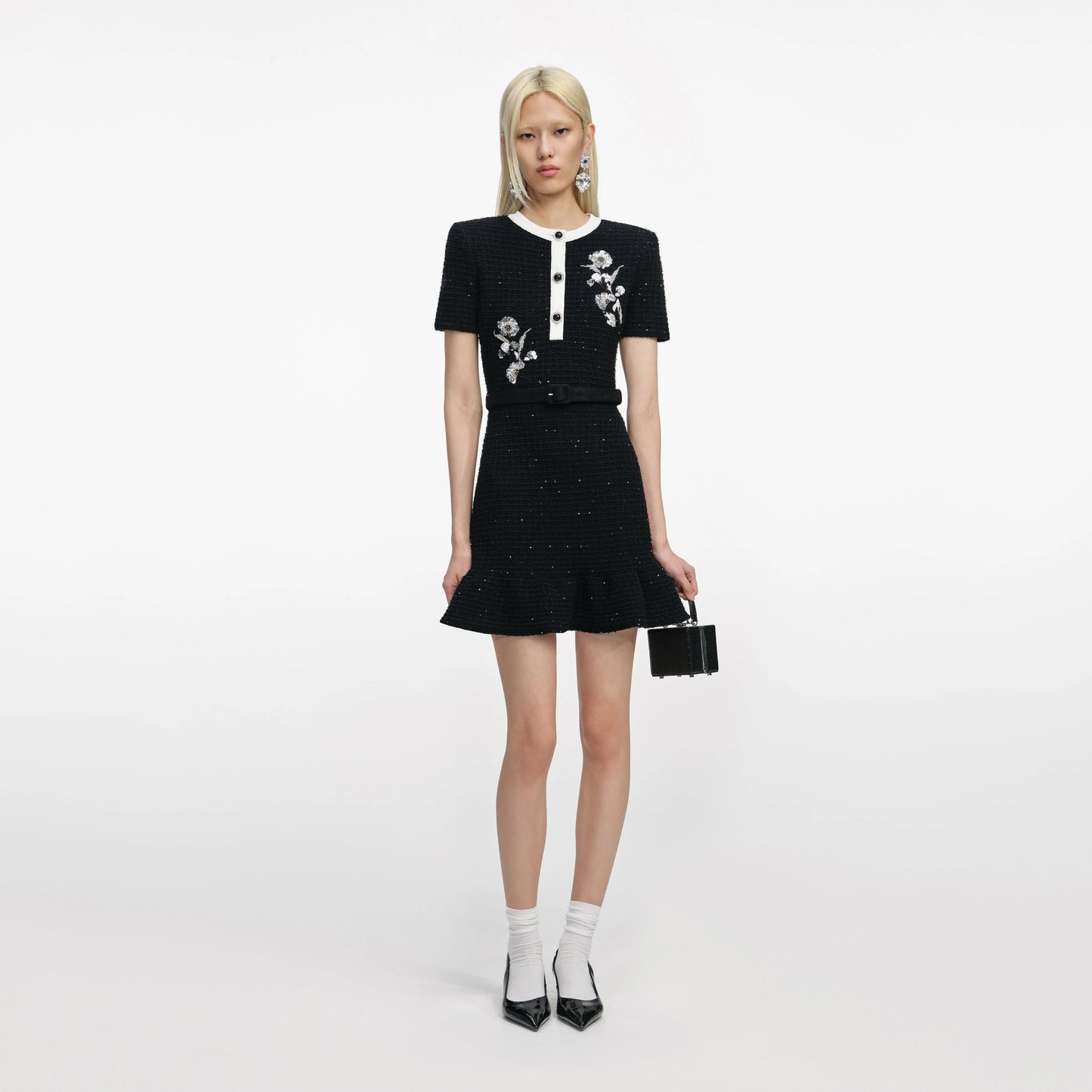 Black Floral Textured Knit Mini Dress
