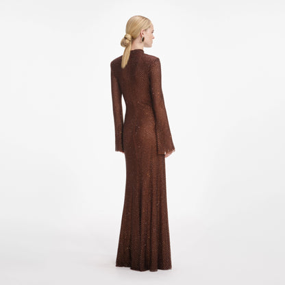 Brown Rhinestone Mesh Maxi Dress