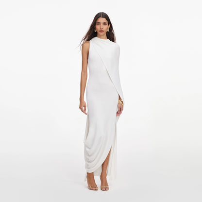 White Viscose Knit Drape Maxi Dress