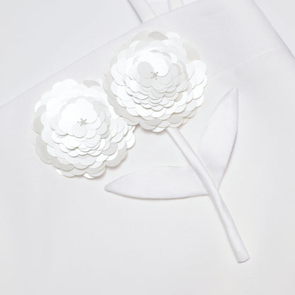 White Crepe 3D Sequin Flower Mini Dress