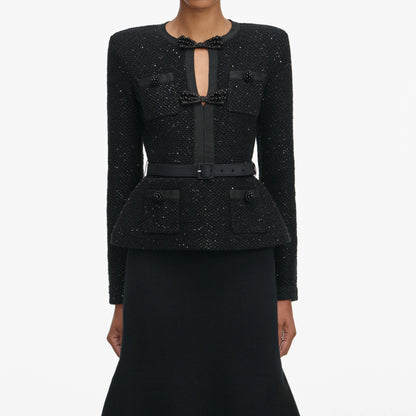Black Sequin Knit Tailored Midi Dress