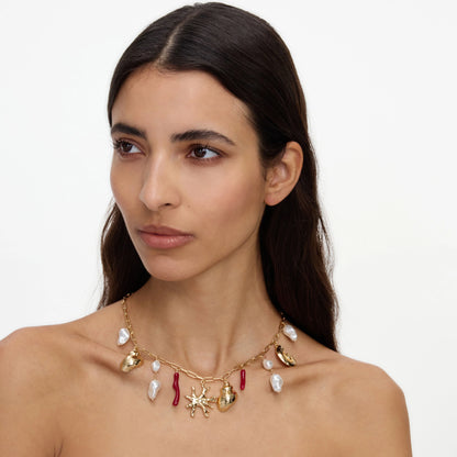 Gold Coral Pearl Charm Necklace