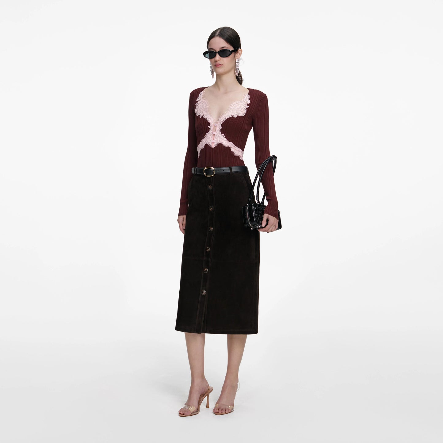 Brown Contrast Lace Knit Top