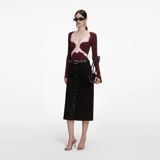 Brown Contrast Lace Knit Top