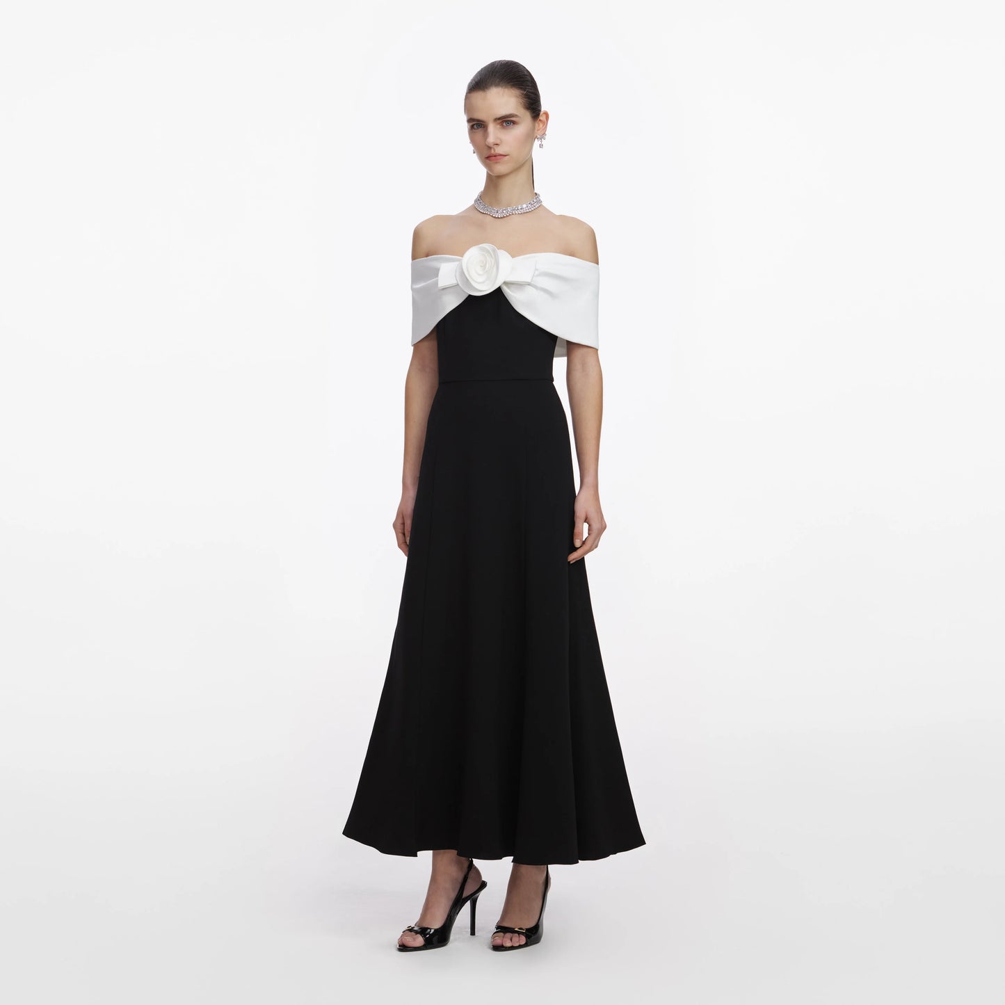 Black Crepe Flower Midi Dress