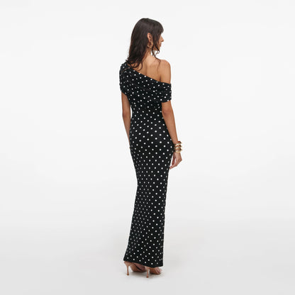 Polka Dot Draped Knit Midi Dress