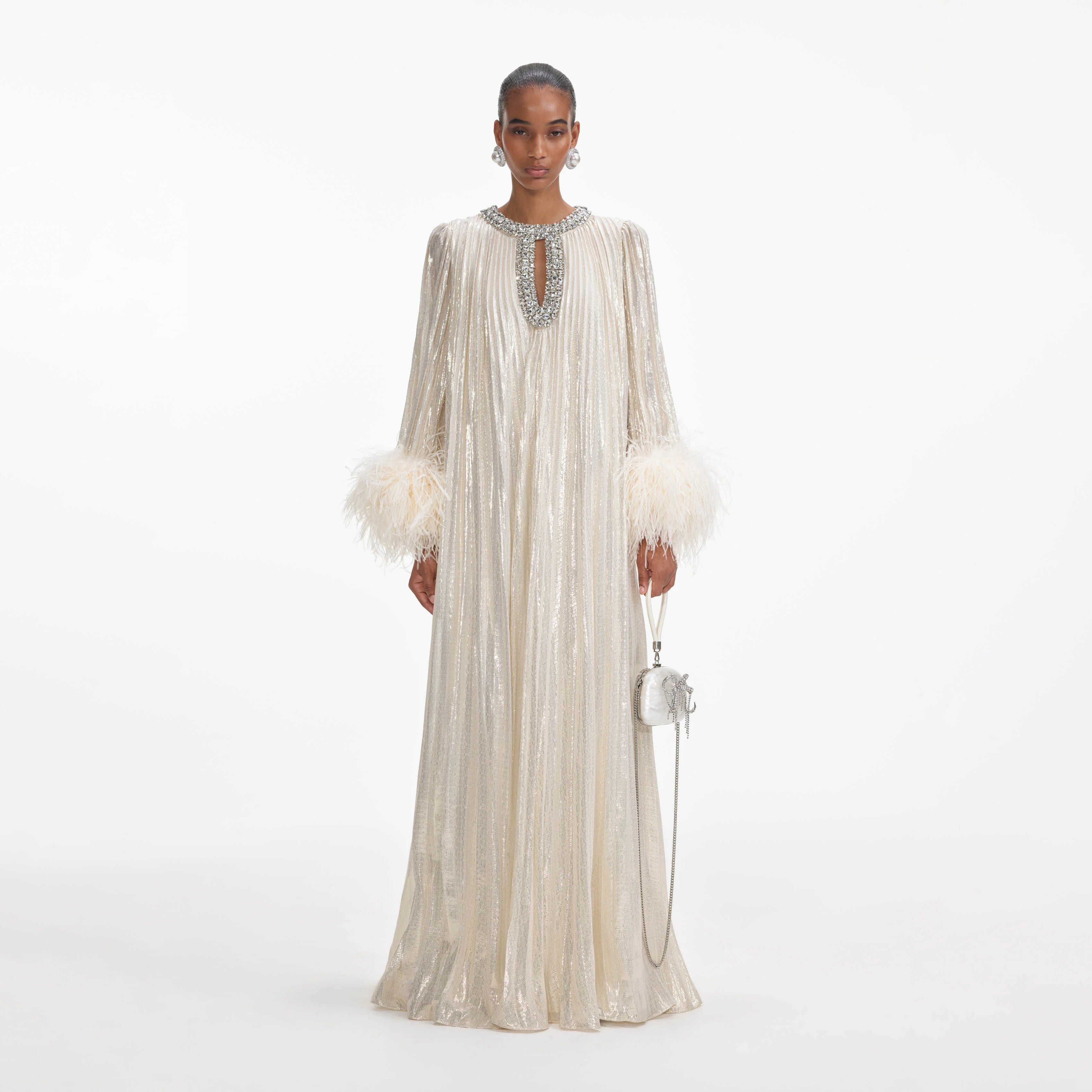 Gold Metallic Feather Maxi Dress