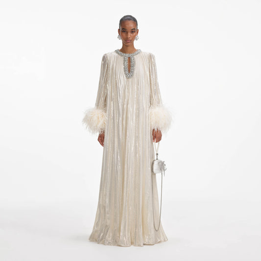Gold Metallic Feather Maxi Dress