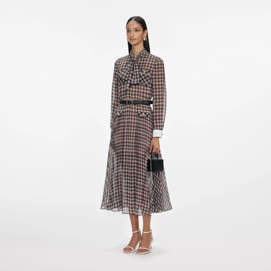 Brown Check Chiffon Midi Dress