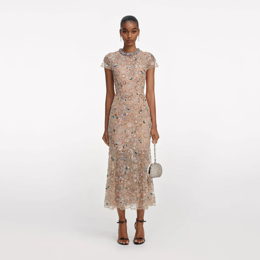 Champagne Sequin Embroidered Midi Dress