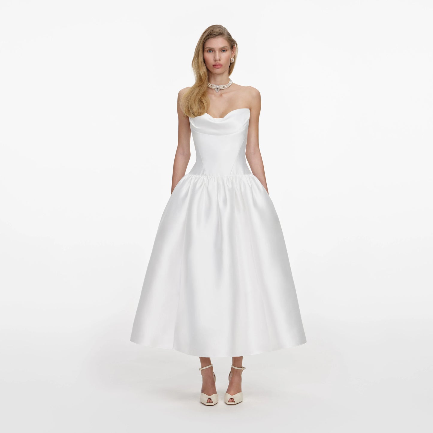 White Taffeta Strapless Midi Dress