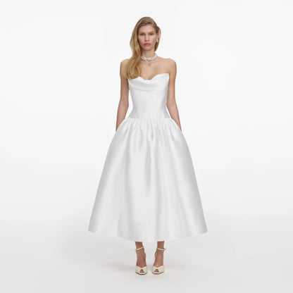 White Taffeta Strapless Midi Dress