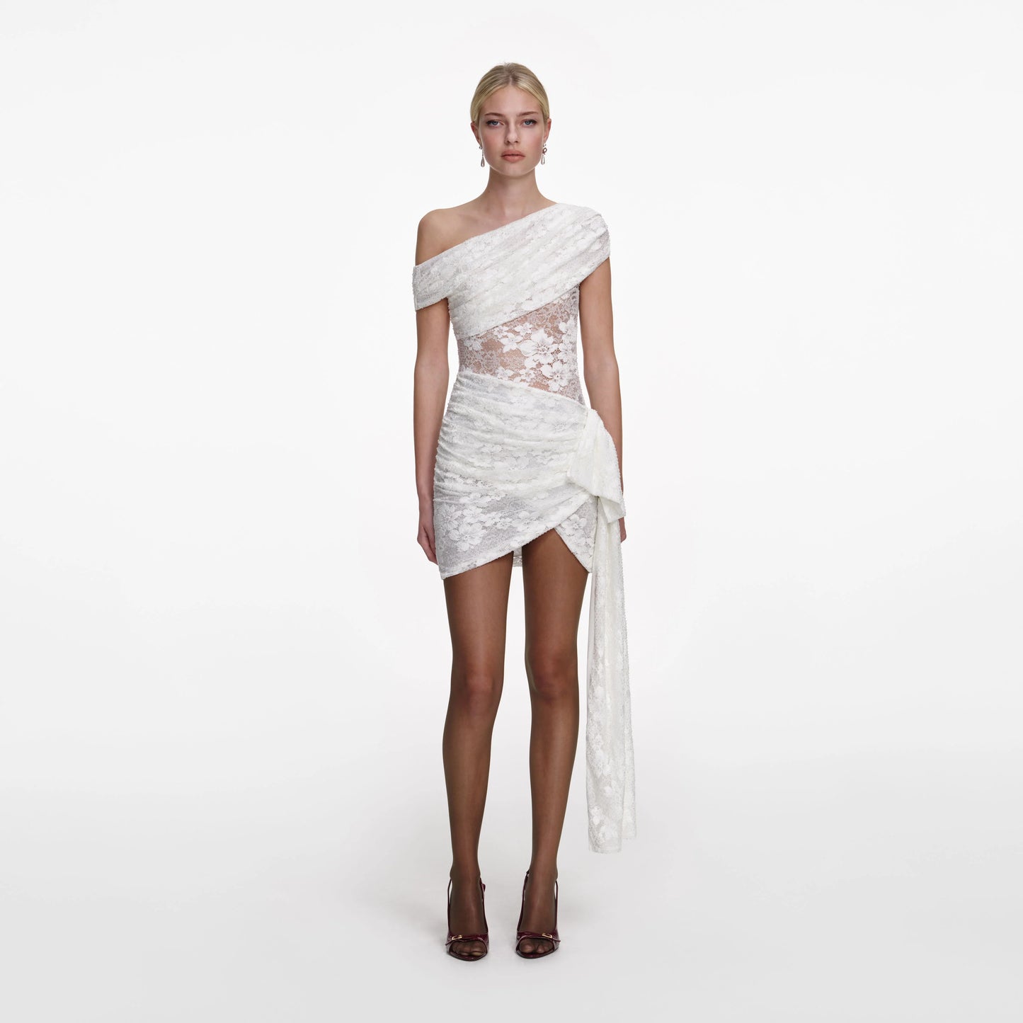 White Rhinestone Lace Tie Side Mini Dress