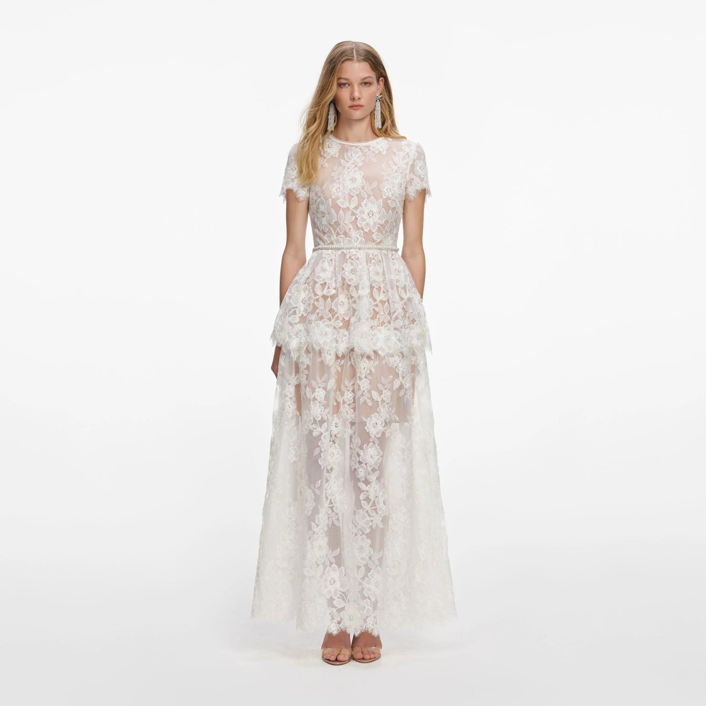 White Sequin Lace Tiered Maxi Dress