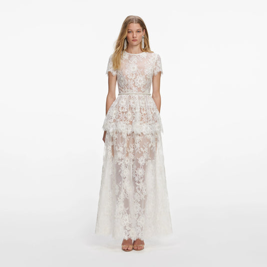 White Sequin Lace Tiered Maxi Dress