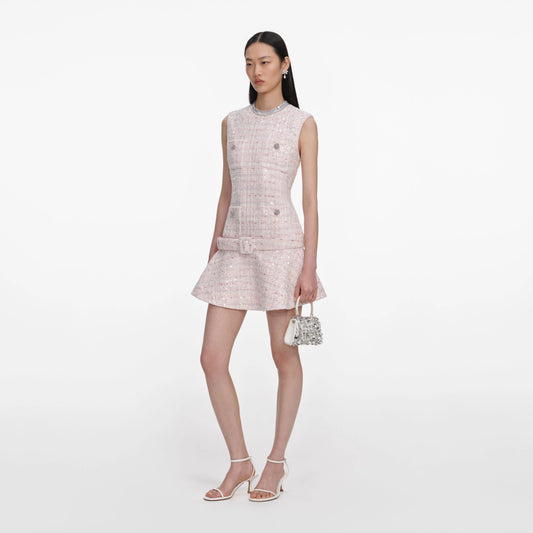 Pink Sequin Boucle Belted Mini Dress