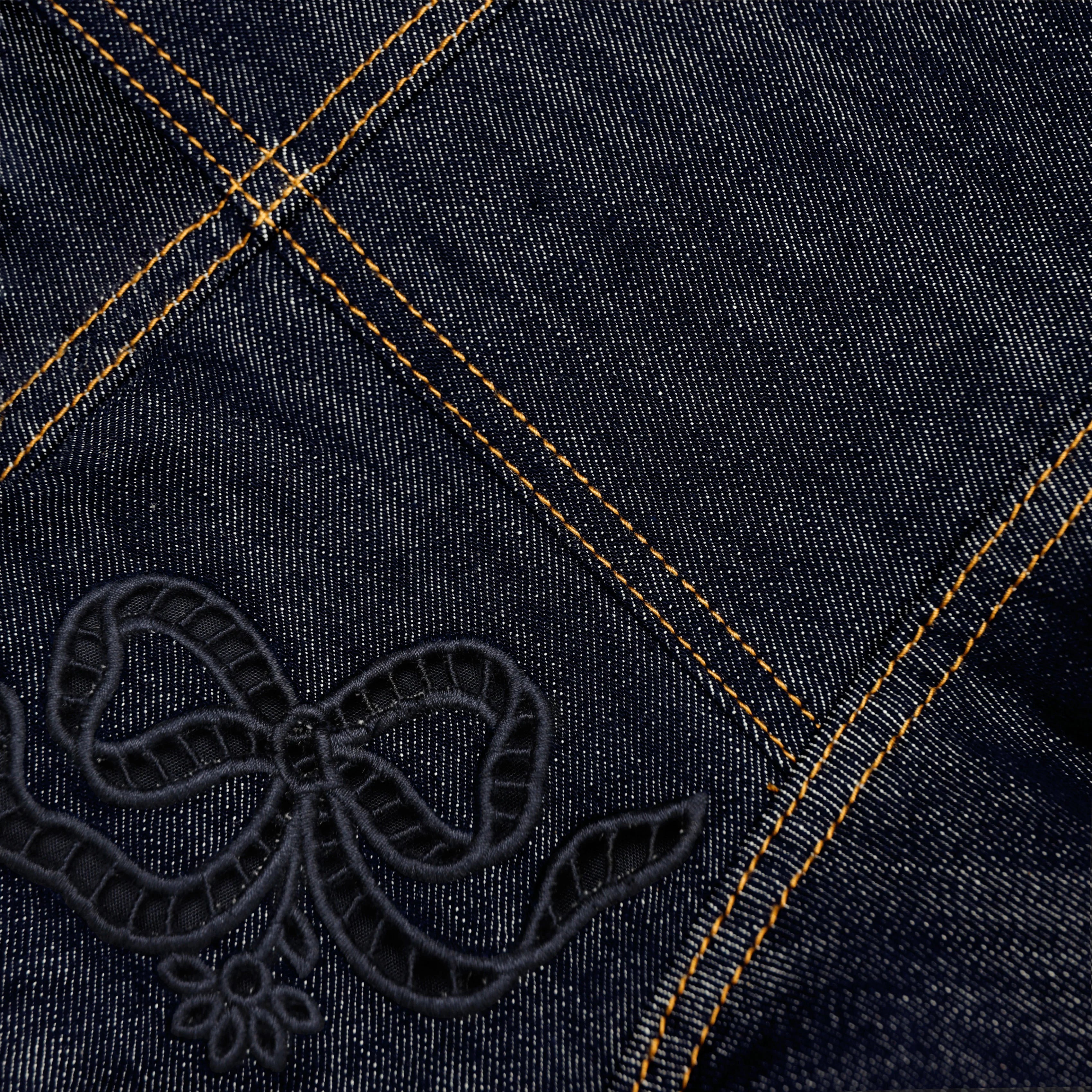 Indigo Denim Bow Embroidered Midi Dress