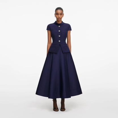 Navy Boucle Taffeta Midi Dress