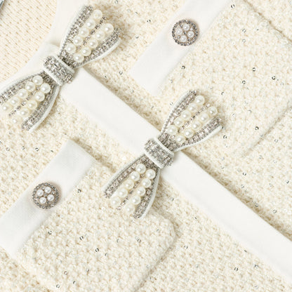 Cream Sequin Knit Bow Trim Dress