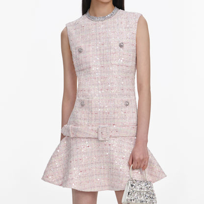 Pink Sequin Boucle Belted Mini Dress